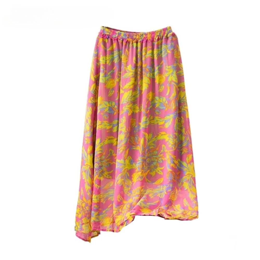 2026年女性用夏快適100%天然桑絹二重層ジョーゼットバケーションスタイル伸縮性ウエスト万能スカート