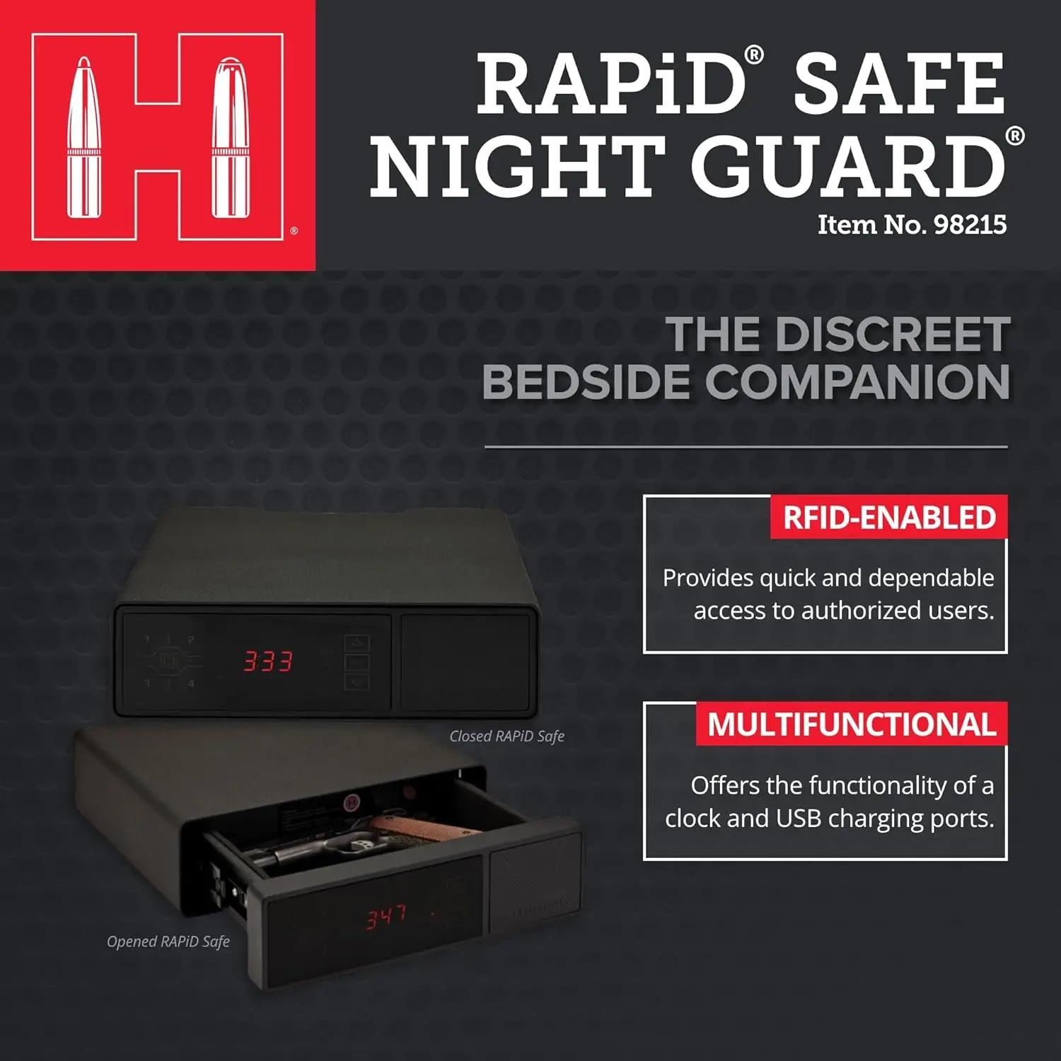 Rapid Safe Night Guard – Nightstand Gun Safe with RFID Reader, Clock, USB Ports – RFID Safe for Fast, Multiple Method Entry – In