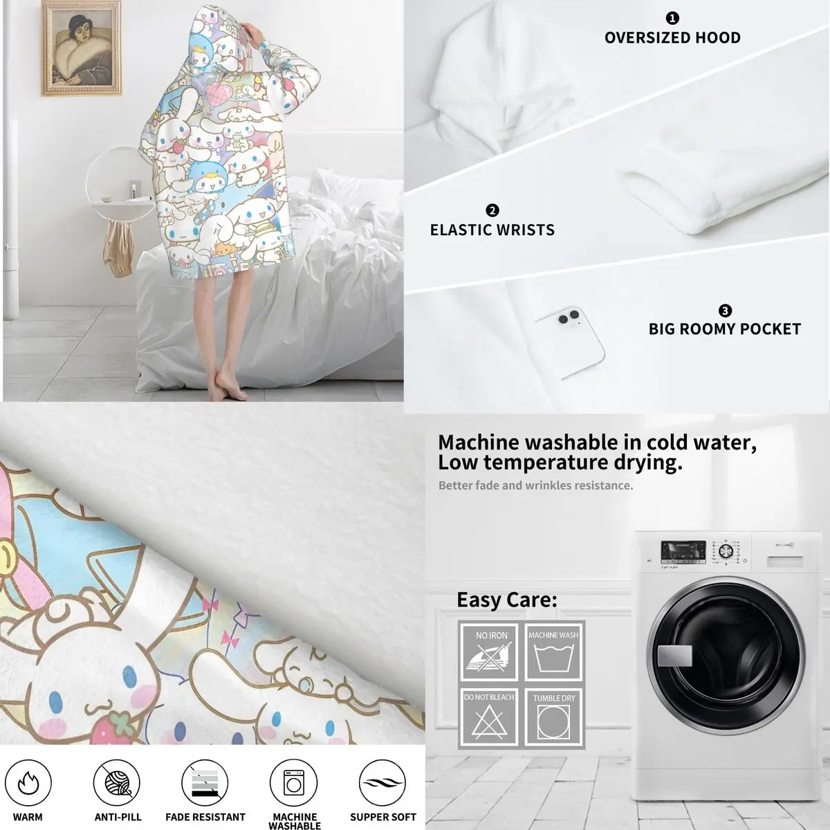 Cartoon Cinnamoroll Kawaii Wearable Blanket Hoodie for Women Men Oversized Sweatshirt Blanket with Pocket