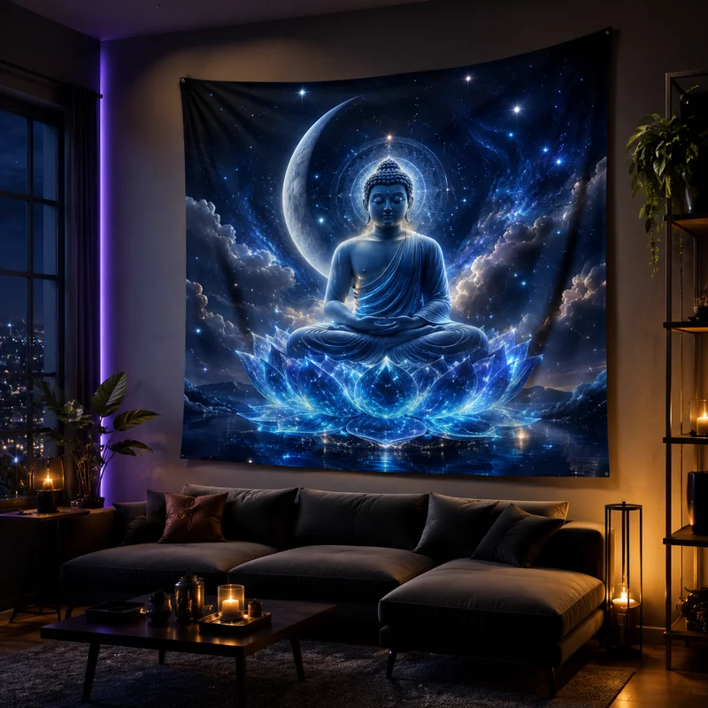 VIKAMA Fire Buddha Lotus Tapestry Glowing Flame Buddha Wall Hanging Spiritual Yoga Meditation Room Decor Background Cloth