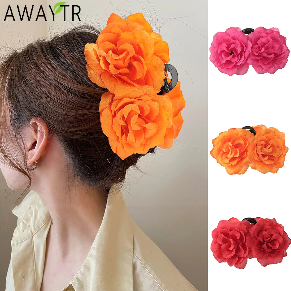 AWAYTR Gauze Flowers Hair Claws Farbic Peony Ponytail Hair Clips Crab For Women Girl Gift Hair Accessories Valentine Headwear