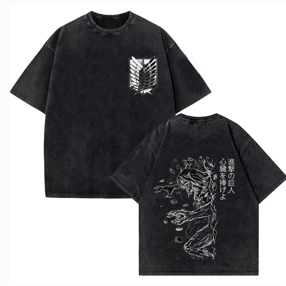 Attack on Titan Vintage Washed Print T-shirt Mikasa Ackerman Eren Jaeger Wings of Freedom Mens High Quality Cotton T-shirts