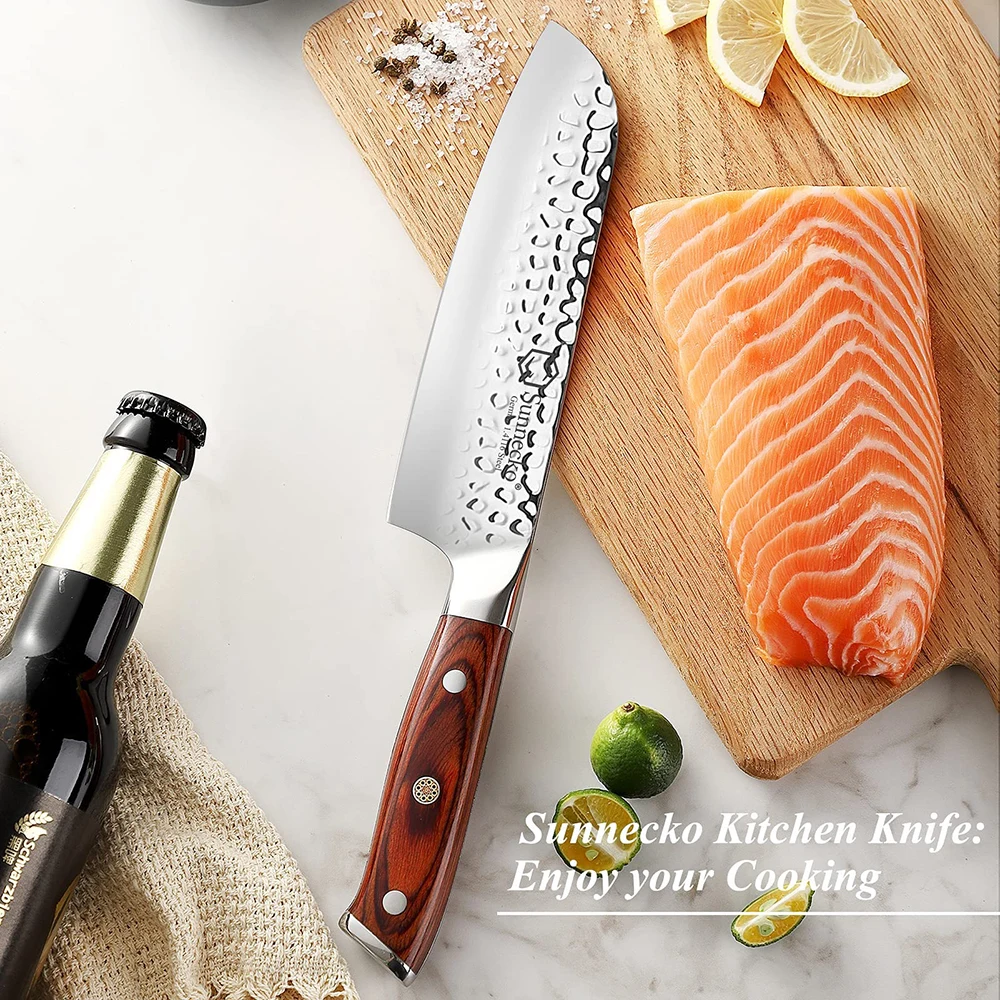 Sunnecko Santoku Knife 7 Inch Japanese Kitchen Knife High Carbon Stainless Steel Vegetable Meat Fruit Slicing Tools Wooden Hand