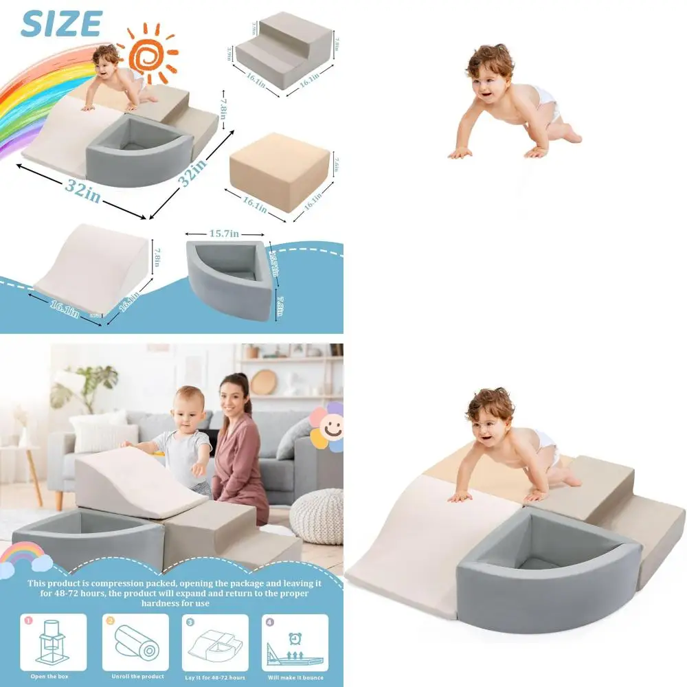 Toddler 4-Piece Foam Climbing Set: Soft Velvet Indoor Play Blocks for Babies, Crawling & Sliding Fun
