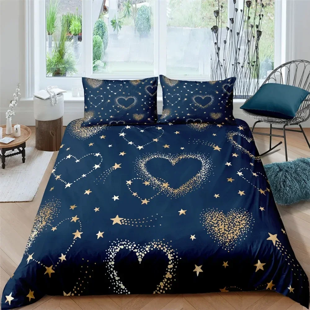 Navy Heart Star Comfortable Duvet Quilt Cover Pillowcase Bedding Set Children Bedroom Decoration Home Textile