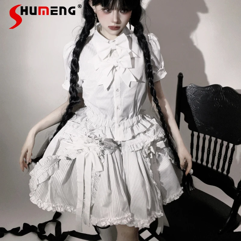 

Japanese Lolita Short Sleeves Shirt Halloween Goth Style Striped Single Breasted Blouse With Two Bows Kawaii Blusas For Ladies