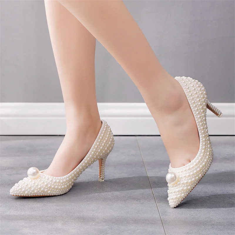 White Pearl Pointed Toe Pumps For Women Luxury Designer Thin High Heel Shallow Handmade Slip-on Elegant Fashion Female Shoes