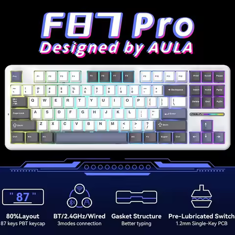 AULA F87 Pro Mechanical Keyboard 2.4G/USB-C/Bluetooth PBT Keycaps Wireless Custom Keyboard RGB Backlit Hot Swap Gamer keyboard