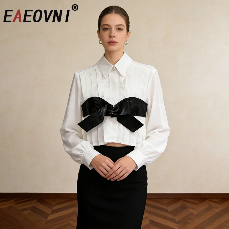 

EAEOVNI Bow Spliced Folds Women's Shirt Fashion Contrast Color Fashion Lapel Long Sleeve Short Tops Casual 2026 Summer New