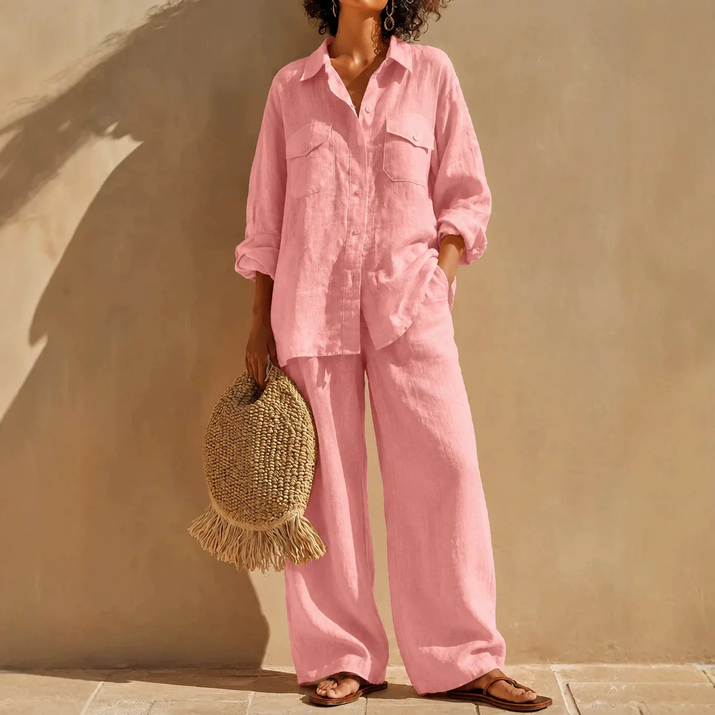 2026 Summary Pink Pure Lines Set For Women: Loose Pocket Shirt And Wide-leg Pants, Random Two-piece Outfit For A To Moderate