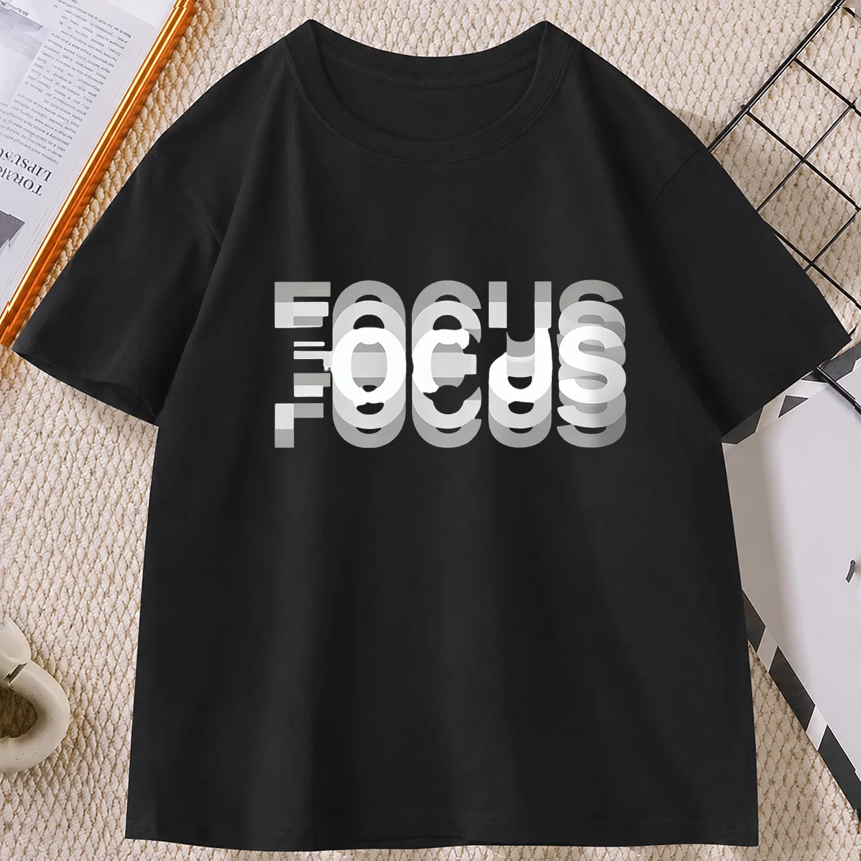 Summer Men's Cotton Blend High Quality Casual Sports Loose Oversized Funny Focus Print Round Neck Short Sleeved T-shirt Tops