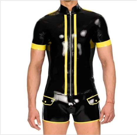 

Natural Latex Catsuit Rubber Bodysuit Sexy Men Tights Sports Handmade Clothes with Front Zipper Top and Shorts Cosplay