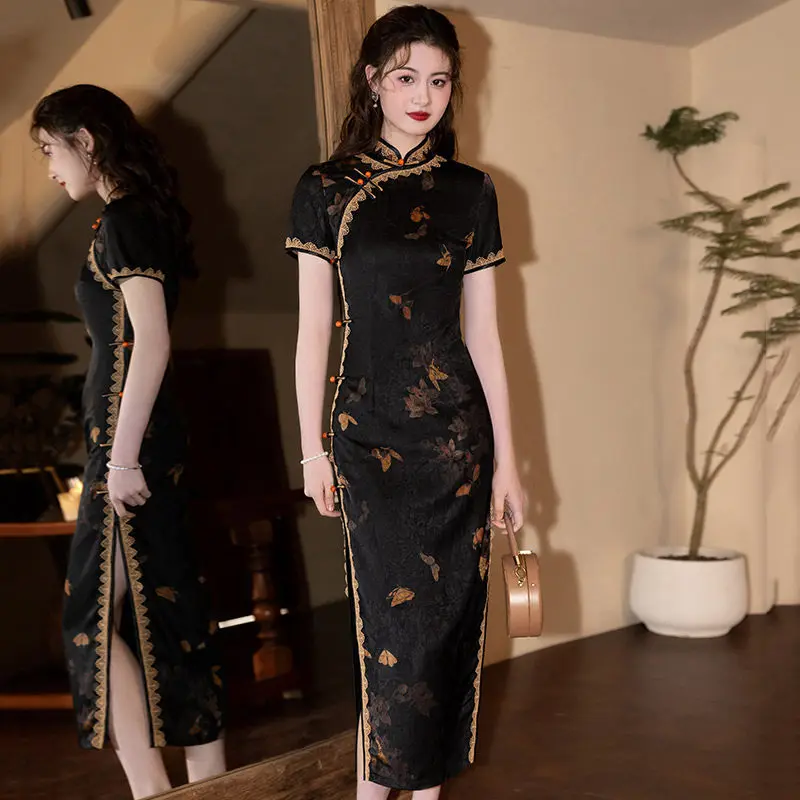 East Lady Sexy Qipao Satin Lace Cheongsam Mandarin Collar Chinese Dress Vintage Button Vestidos Fashion Show Wear Plus Size 3Xl