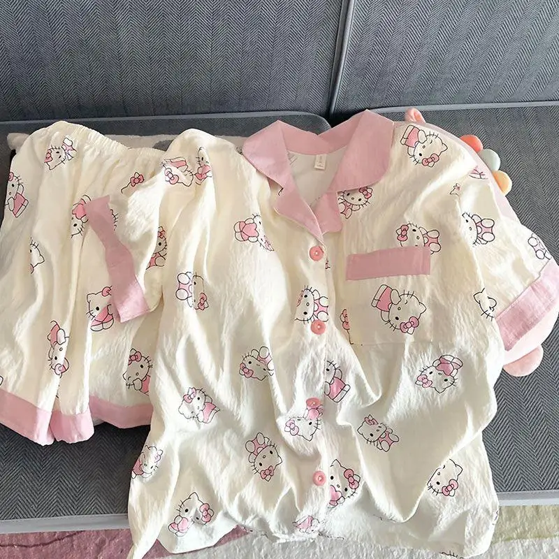 New Kawaii Hello Kitty Pajamas Sanrio Cute Cartoon Anime Summer New Short Sleeved Home Furnishing Comfortable Cool Set Girl Toy