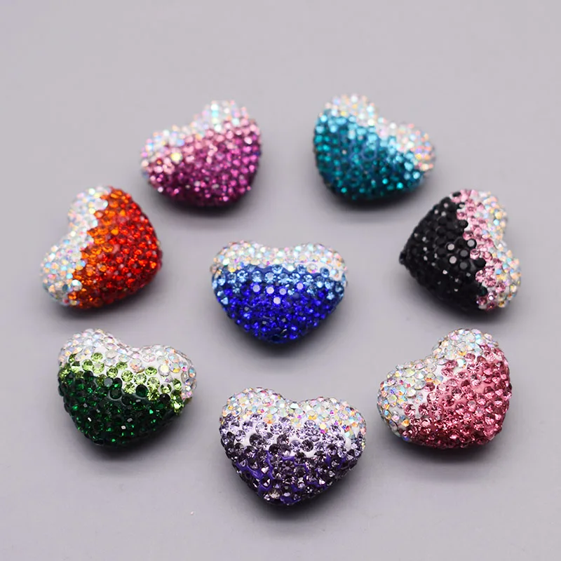 23mm Gradient Color Polymer Clay Heart Beads Rainbow Rhinestone Disco Clay Loose Beads For Jewelry Making Necklace DIY