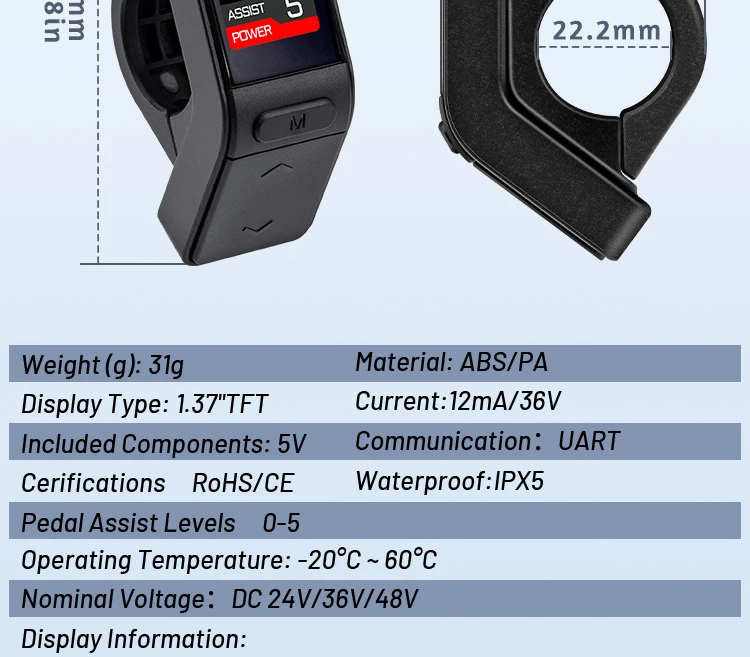 E-Bike-Display SW102T LCD-Bildschirm 0-5 Stufen für BAFANG BBS01B BBS02B BBSHD Mittelmotor E-Bike-Computer mit PAS UART-Protokoll – Detail 3