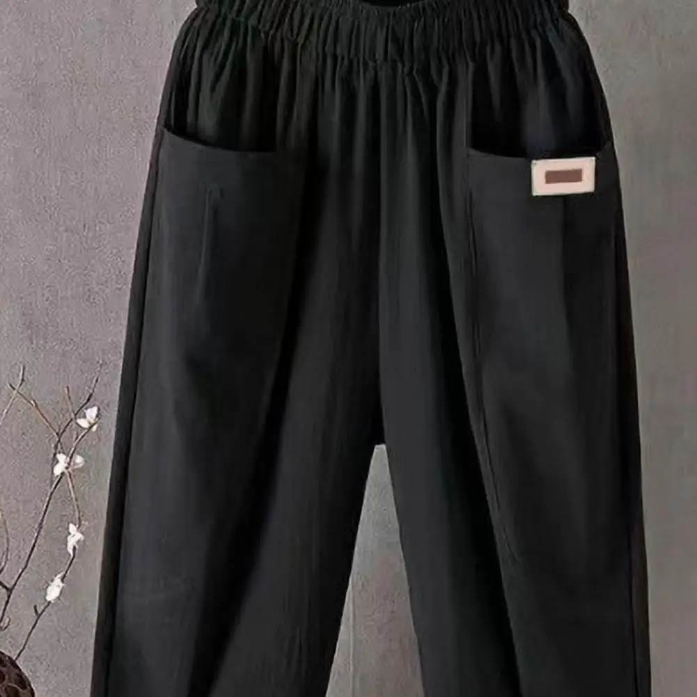2025 السراويل فضفاضة السراويل أنيقة المرأة منتصف الارتفاع واسعة الساق اقتصاص السراويل مع جيوب حزام مطاط الحريم بنطلون للصيف #6