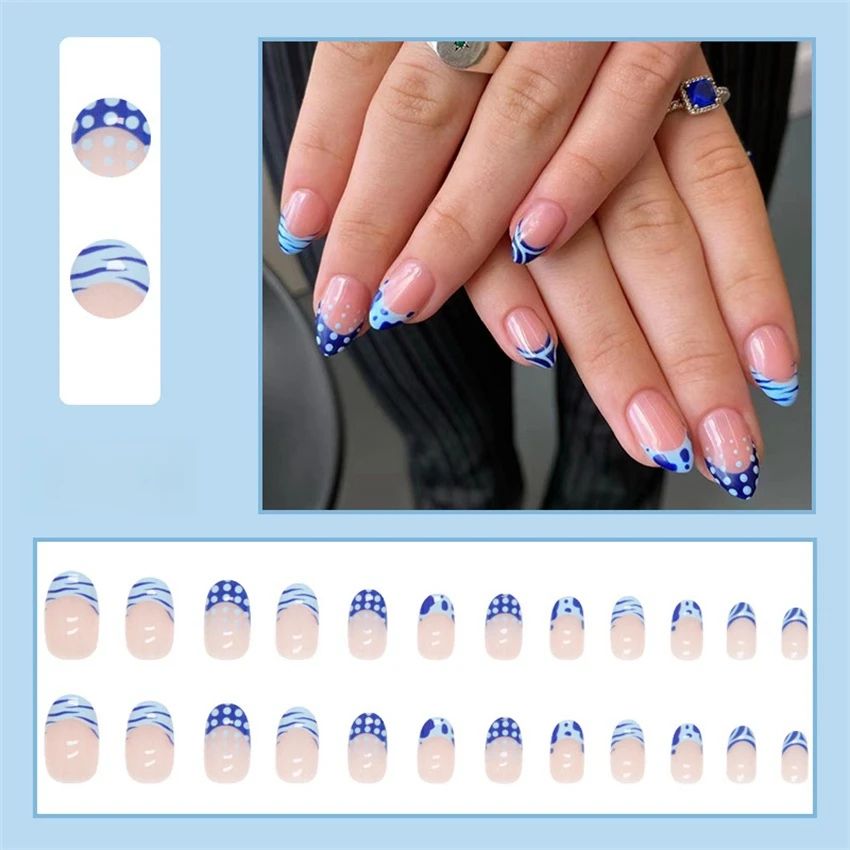 24Pcs/Set Blue Butterfly Round Head Fake Nails French Ice Pink Wearing False Nails Full Coverage Removable Press on Nail Tips