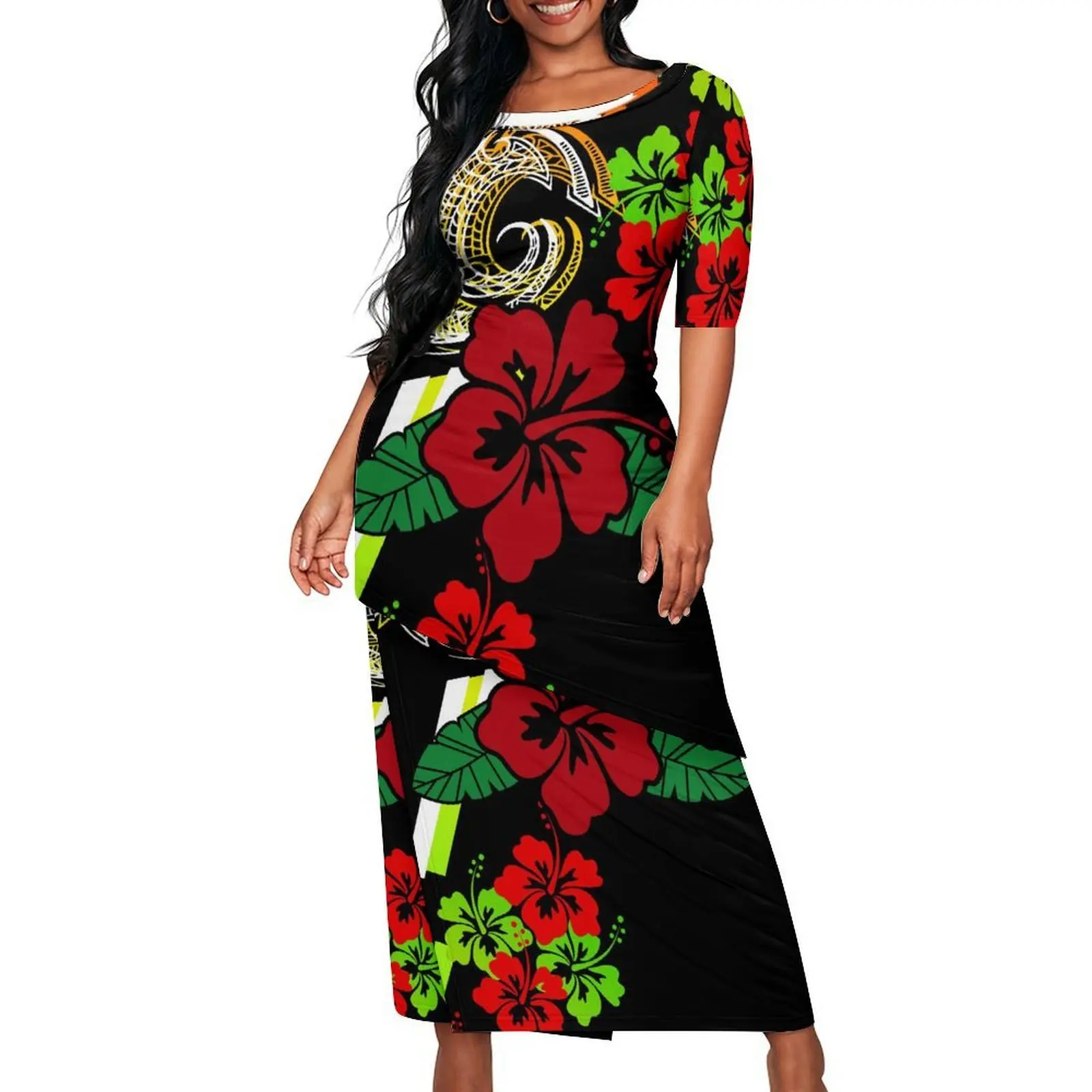 Holiday Party Puletasi Round-Neck Polynesian Women'S Skirt  High-Quality Mid-Length Sleeve An Ankle-Length Dress