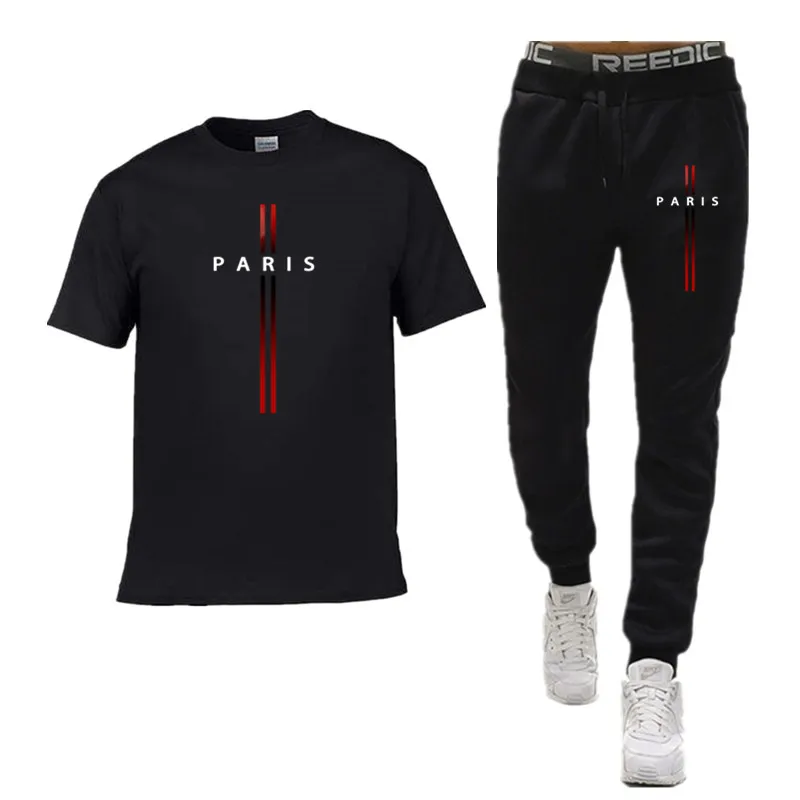 

PARIS Men s casual suit spring and summer new style letter print American trend sports fashion short sleeved pants two-piece set