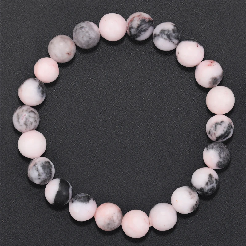 8mm Natural Stone Pink Zebra Jasper Round Bead Bracelet Women Men Retro Charm Chakra Healing Stretch Bangle Yoga Jewelry