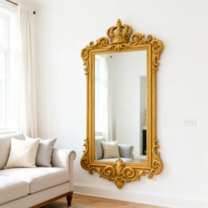 French retro decorative mirror wall-mounted bedroom living room carved crown shape makeup American light luxury bathroom