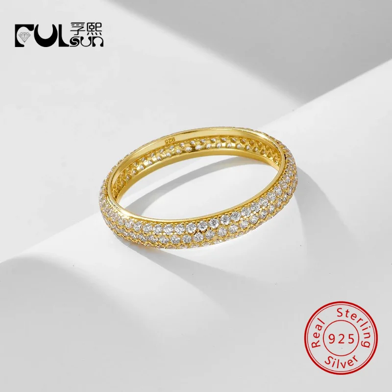 925 Sterling Silver Two Tone 3 Rows Paved Clear Zircon Full Eternity Stackable Thin Wedding Band Ring Women Jewelry Gift