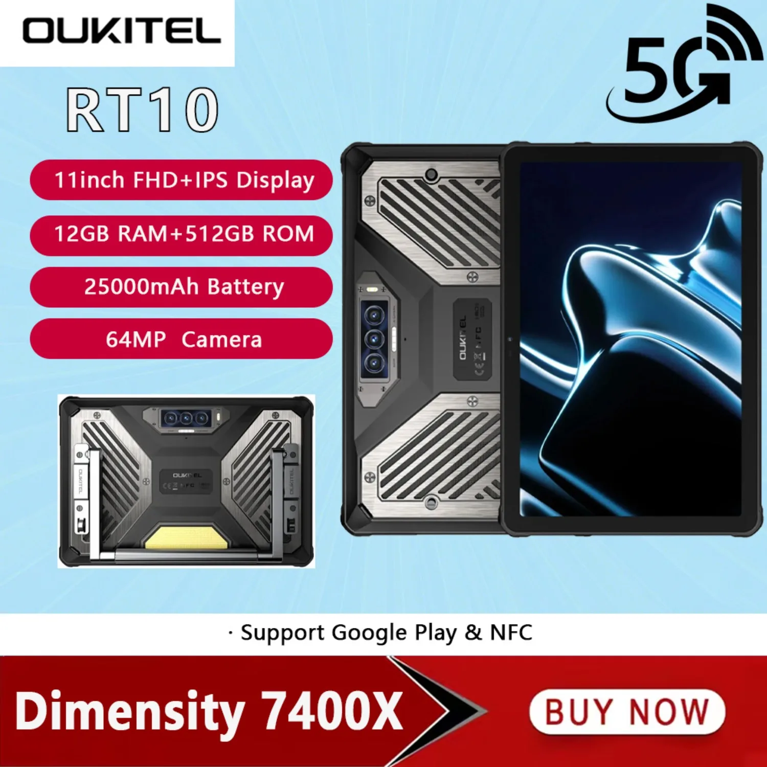 OUKITEL RT10 5G Rugged Tablet 25000mAh 11 Inch FHD+IPS 12GB RAM + 512GB ROM MTK 7400X 64MP 20MP Night Vision Camera Android 15