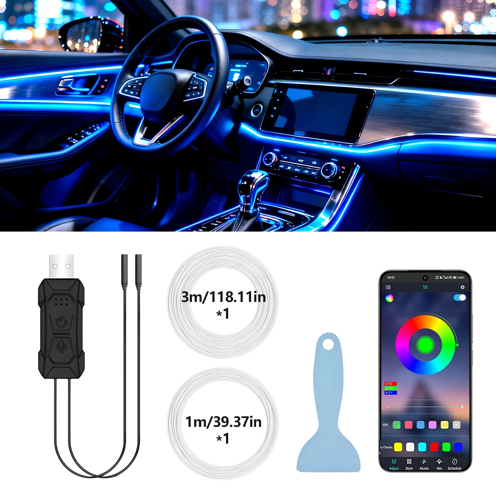 3m/4m/8m Auto-Ambientebeleuchtung LED-Innenraumleiste USB mit RGB 16 Millionen Farben Glasfaser-Neon-Dekorationslampe – Detail 1