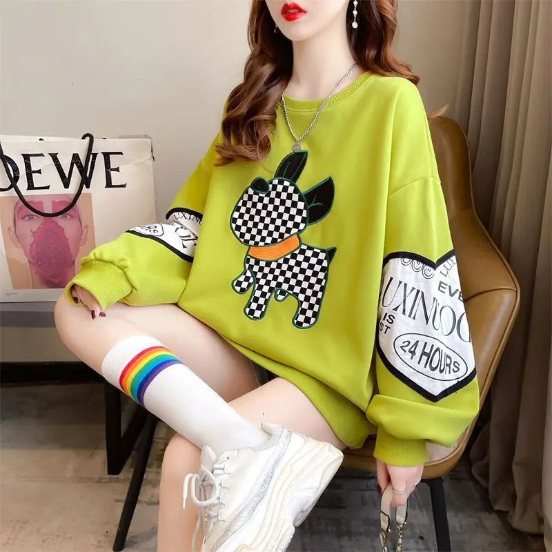 2024 Autumn Winter New Casual Korean Printing O-neck Long Sleeve Mid Length Top Femme Loose Cartoon Pullover T-Shirts Women\'s