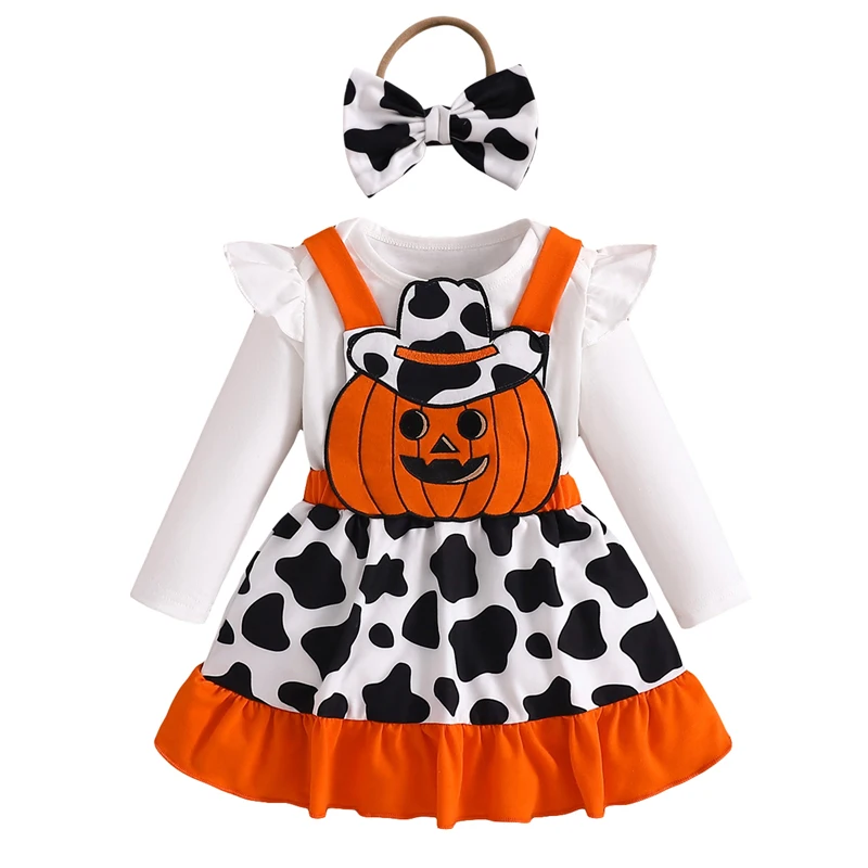 

Infant Baby Girl Halloween Outfit Ruffle Long Sleeve Romper Pumpkin Ghost Embroidery Suspender Skirt Headband Set