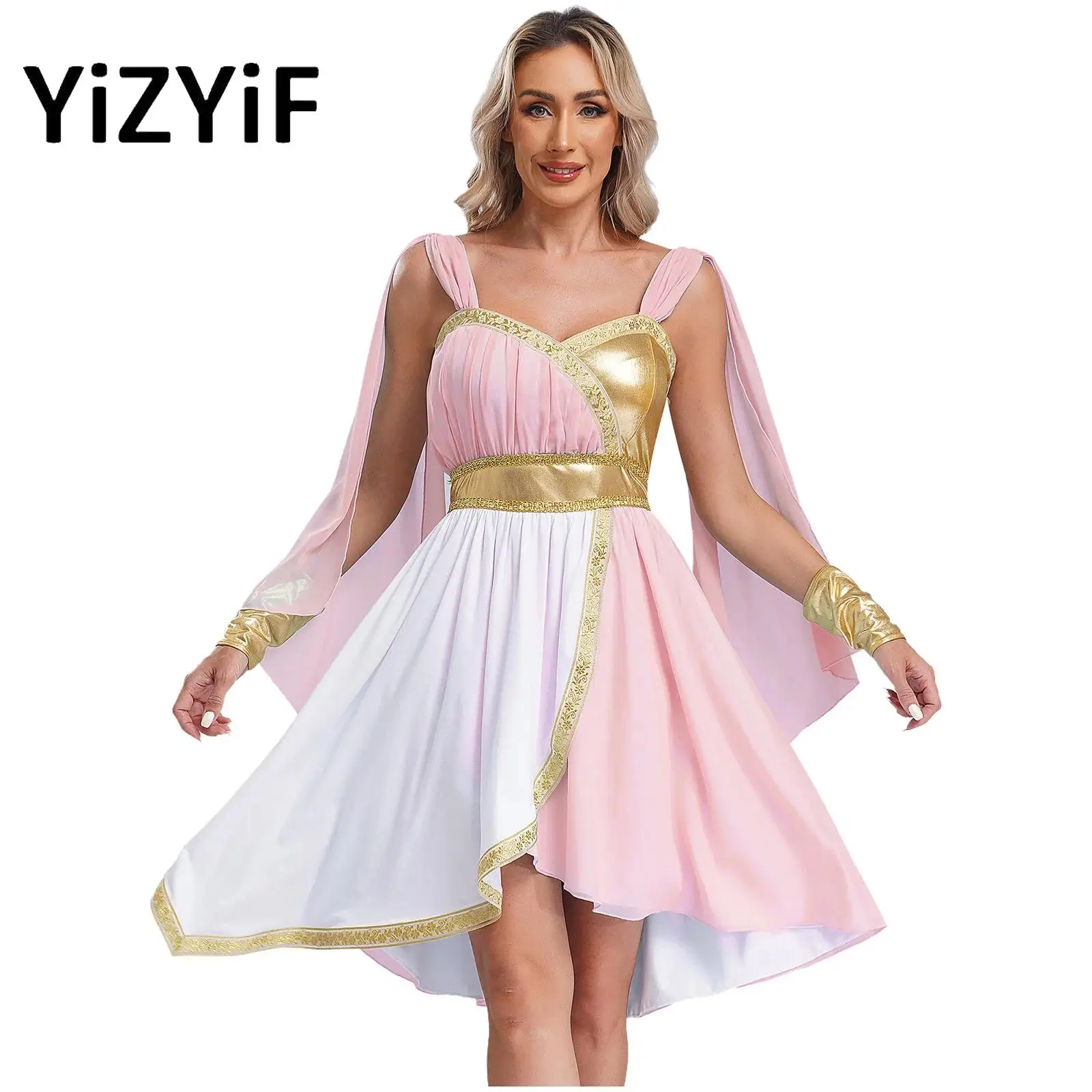 

Women Greece Chiffon Cosplay Dress Irregular Design Gold Stamped Sleeveless Dress with Hidden Zipper And Cuffs for Dance Party