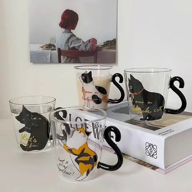 

250ml Creative Cat Glass Coffee Milk Tea Juice Water Mug Cup With Handle Home Kitchen Office Drinkware Tumbler Gift Cocktail Set