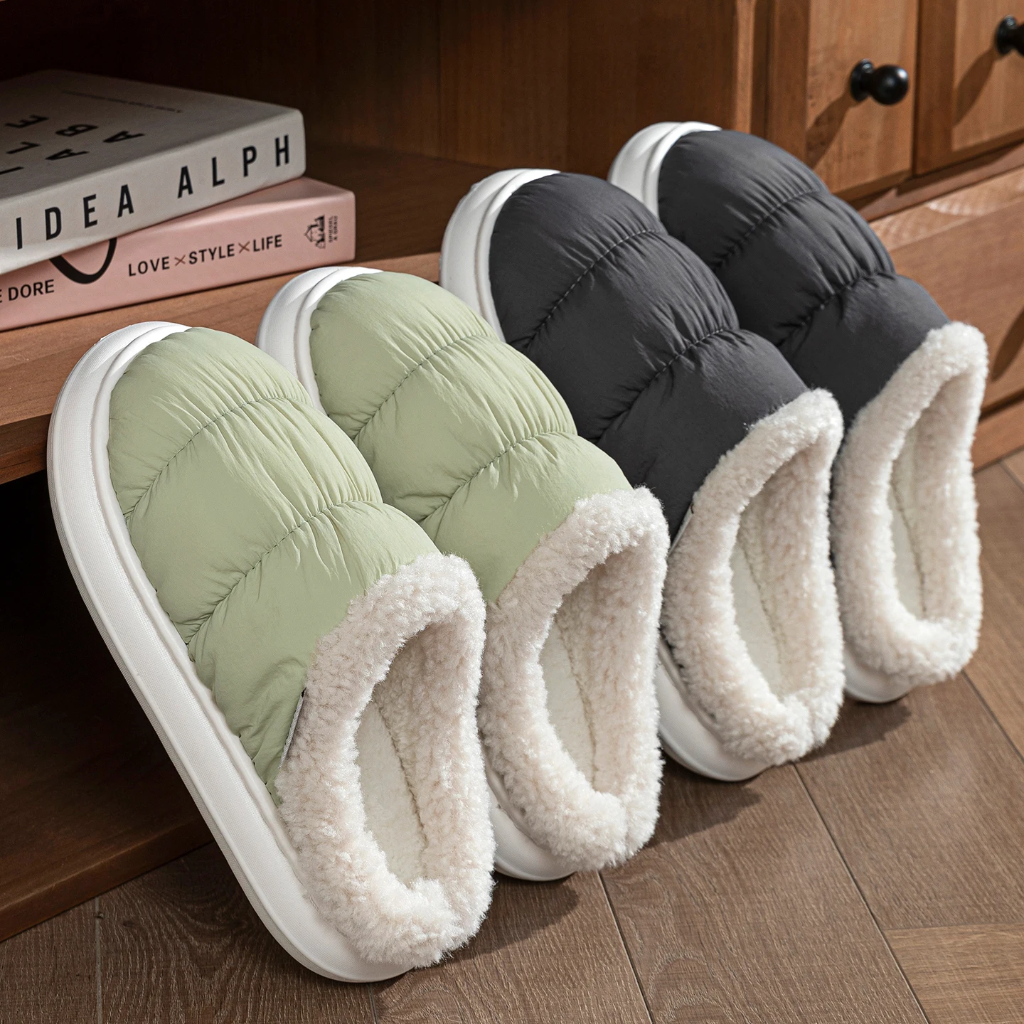 Green Down Cloth Waterproof Winter Cotton Slippers Casual Soft Sole Platform Plush Fur Shoes Men's Comfor Anti Slip Slippers 45