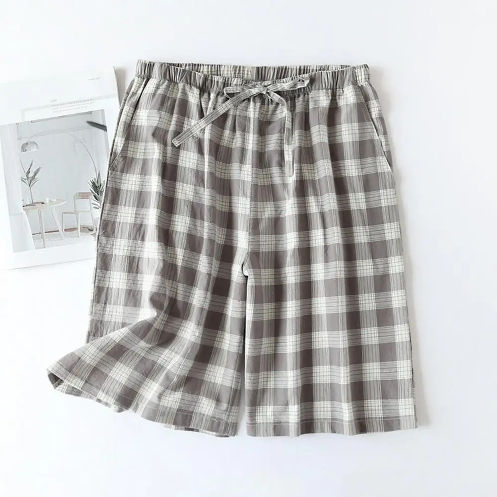 Men Homewear Shorts Japanese Style Plaid Print Men's Summer Shorts with Elastic Waist Side Pockets Comfortable Homewear Pants