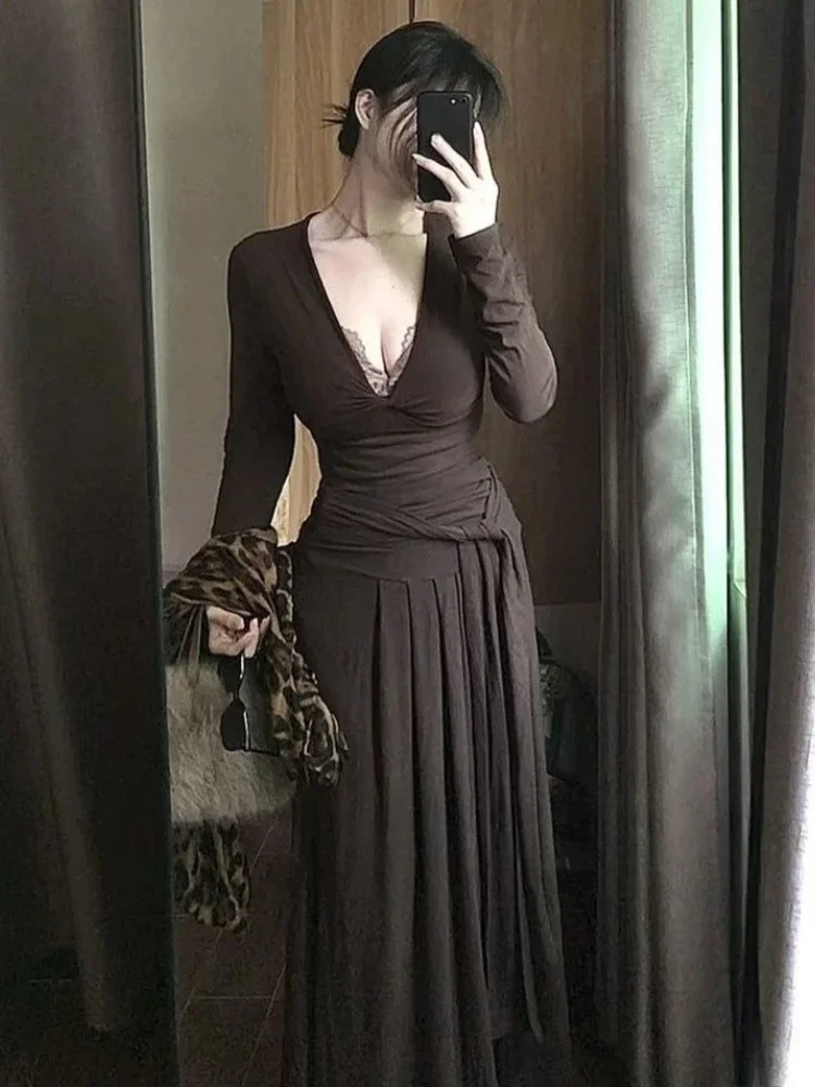 

Вязаные комплекты из двух предметов Y2k Эстетические сексуальные облегающие топы + винтажные бандажные юбки с высокой талией Осенний однотонный наряд в стиле Харадзюку в стиле гранж