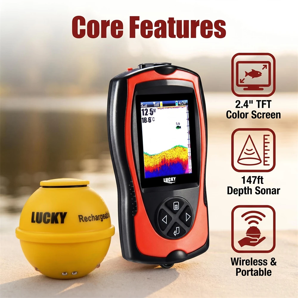 Sonar Portátil Sem Fio para Pesca com Sensor de Profundidade de 147ft/45m Recarregável para Caiaque, Pesca no Gelo e Pesca em Costa