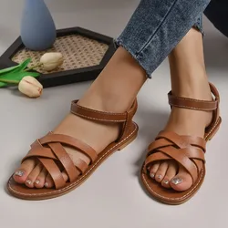 Women Fashion Casual Summer 2024 New Flat Solid Shoes Crisscross Ankle Strap Ladies Beach Sandals Women's Sandalias Slippers