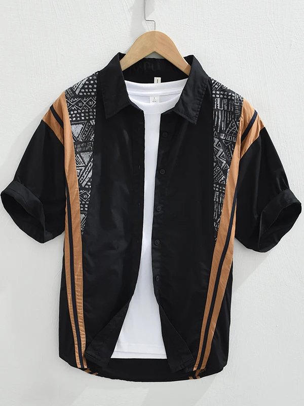 

Retro Print Splicing Color Blo ort Sve Men's Cotton Casual irt Baroque Design Summer Trendy Loose Fit Breathable