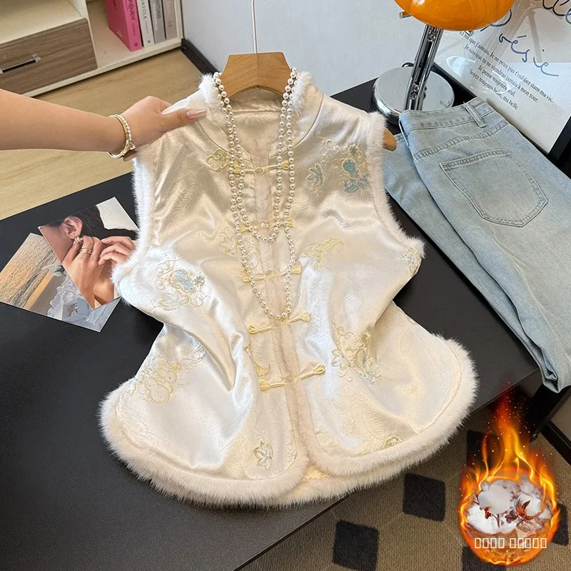 

Women's Thiened Embroidered Cotton Vest Stand Collar Jaet Outerwear New 2025 Faion plus Size Chinese National Sle