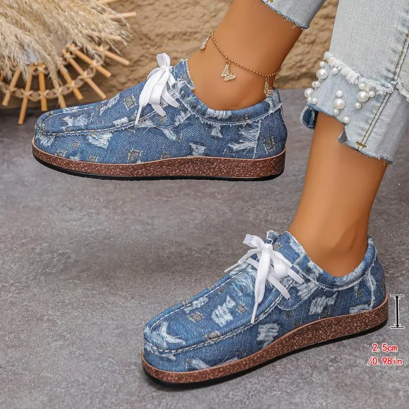 Brand Design Denim Lace Up Canvas Shoes Women 2026 Autumn Comfort Non Slip Flats Sneakers Plus Size Woman's Casual Driving Shoes image 2