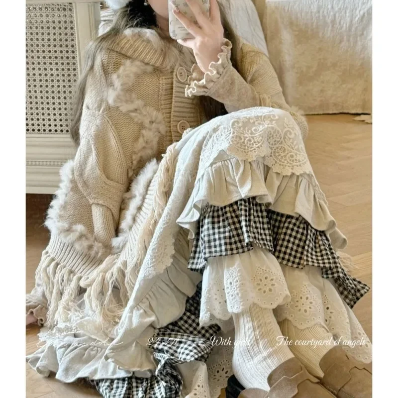 Women Sweet Vintage Mori Girl Style High Waist Splicing Plaid Long Skirt Winter New Korean Fashion Beige Lace Kawaii Maxi Skirts