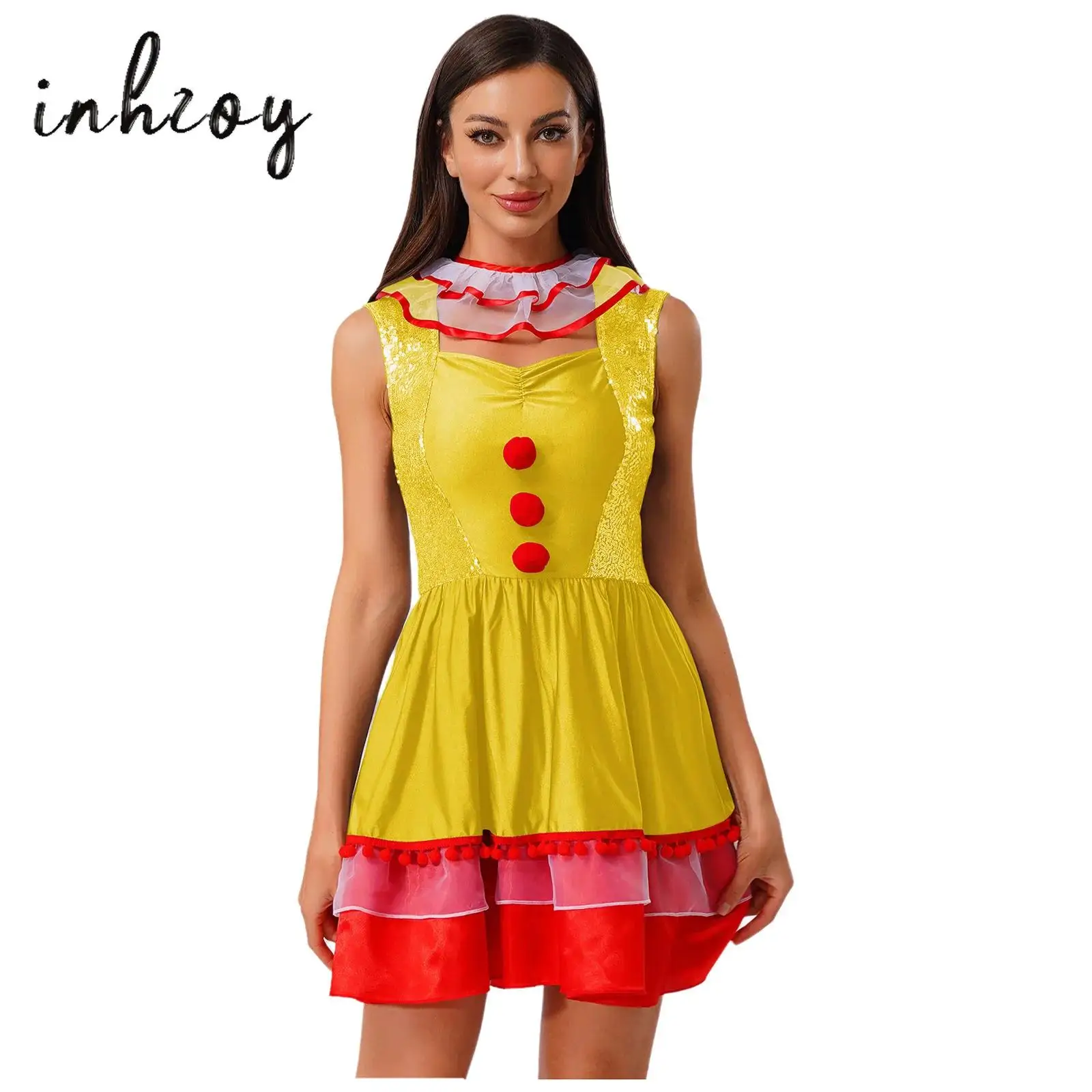 

Womens Halloween Clown Jester Cosplay Dress Shiny Sequin Pompom Tiered Hem Dress+Collar 2Pcs Funny Costume for Masquerade Party