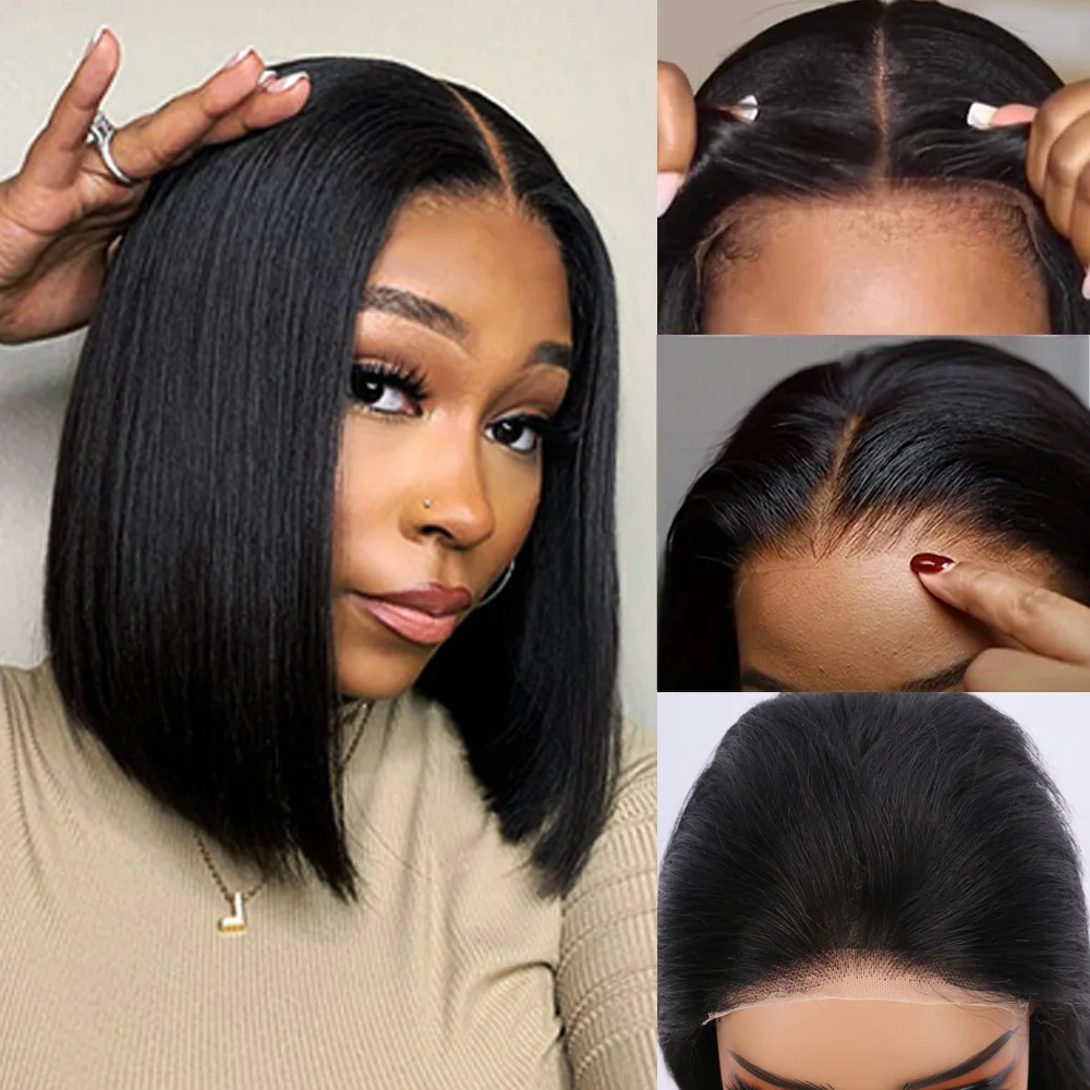 

Bone Straight Human Hair Wigs Bob 5x5 HD Lace Closure Brazilian Short Glueless Wigs Pre Plucked Pre Cut Ready to Wear and Go Wig