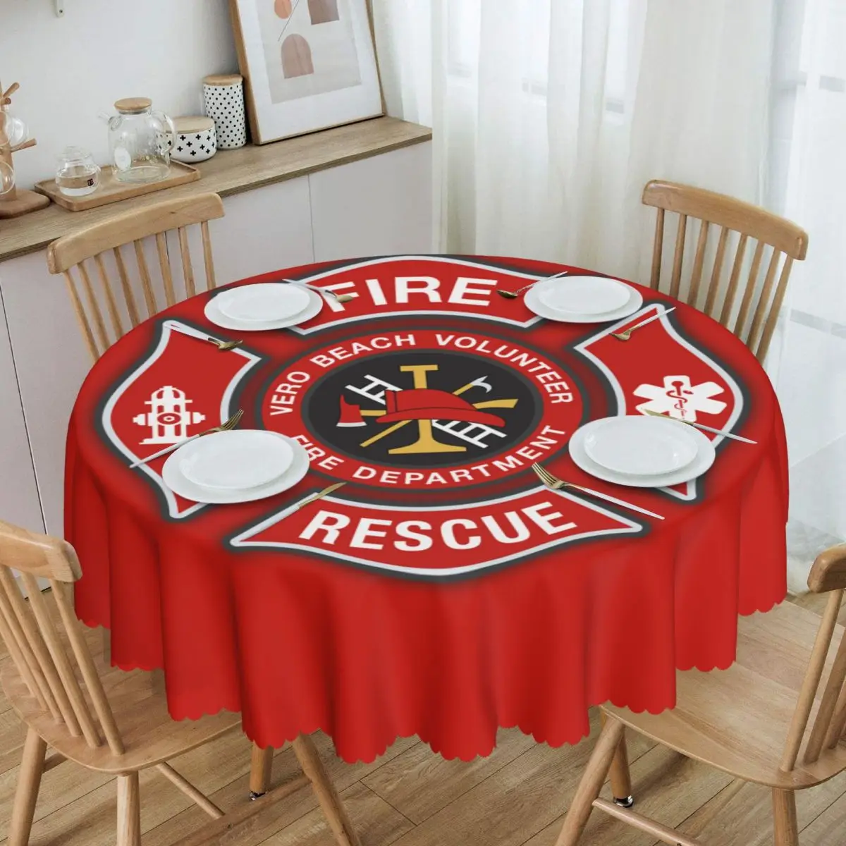 Round Fire Rescue Firefighter Tablecloth Waterproof Oil-Proof Table Cover 60 inches Table Cloth