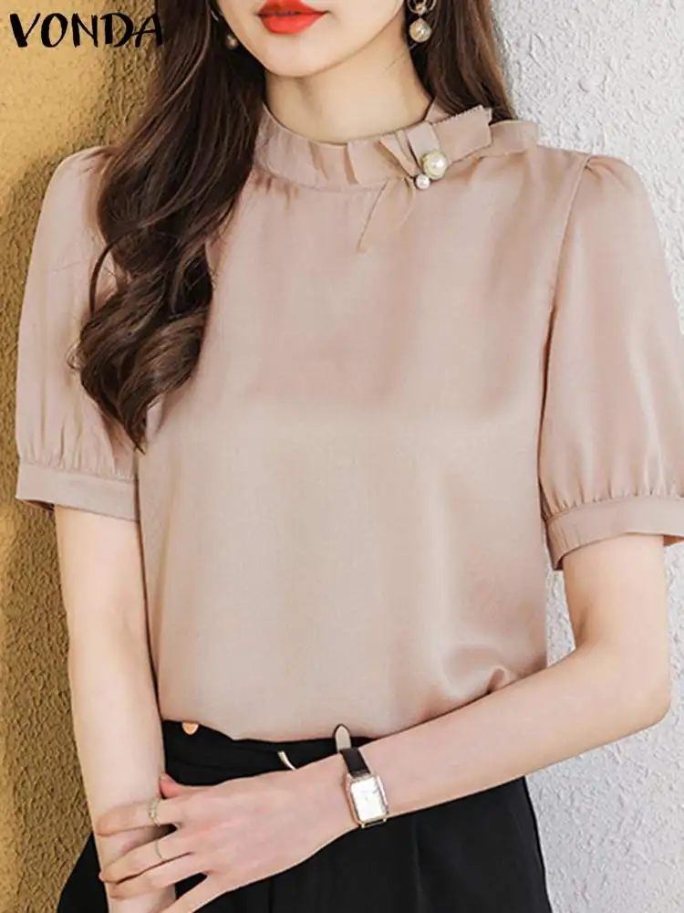 VONDA Elegant Office Blouse Women Summer Short Sleeve Bow Shirt 2024 Stand Collar Casual Solid Color Blusas Loose Tops Feminina