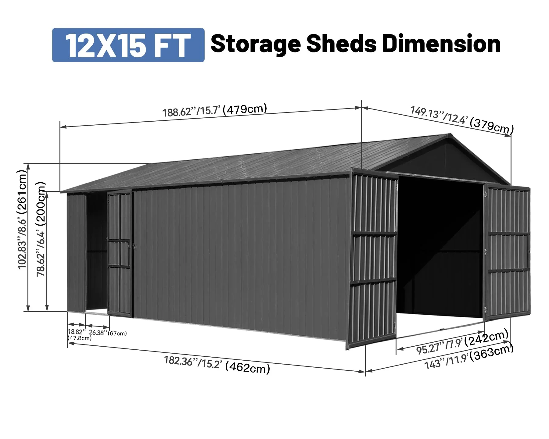 ！@12x15 FT Outdoor Heavy Duty Metal Garage Shed Lockable Double Hinged Doors Extra Large Carport for Cars Trucks Lawn Equipment