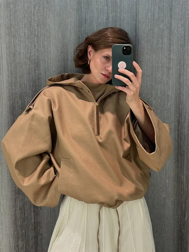 

Женская однотонная свободная куртка цвета хаки на молнии с воротником-стойкой и длинными рукавами, верхняя одежда 2025 года, новые осенние шикарные уличные повседневные женские топы для поездок на работу