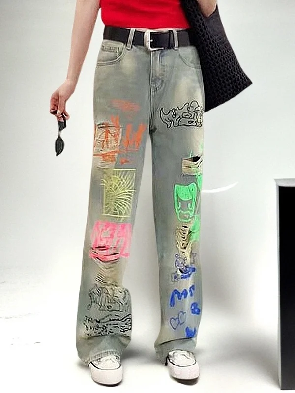 

High Waist Straight Leg Jeans Women's Casual fiti Print Wide Leg Denim Pants Slimming Torn Spring Autumn