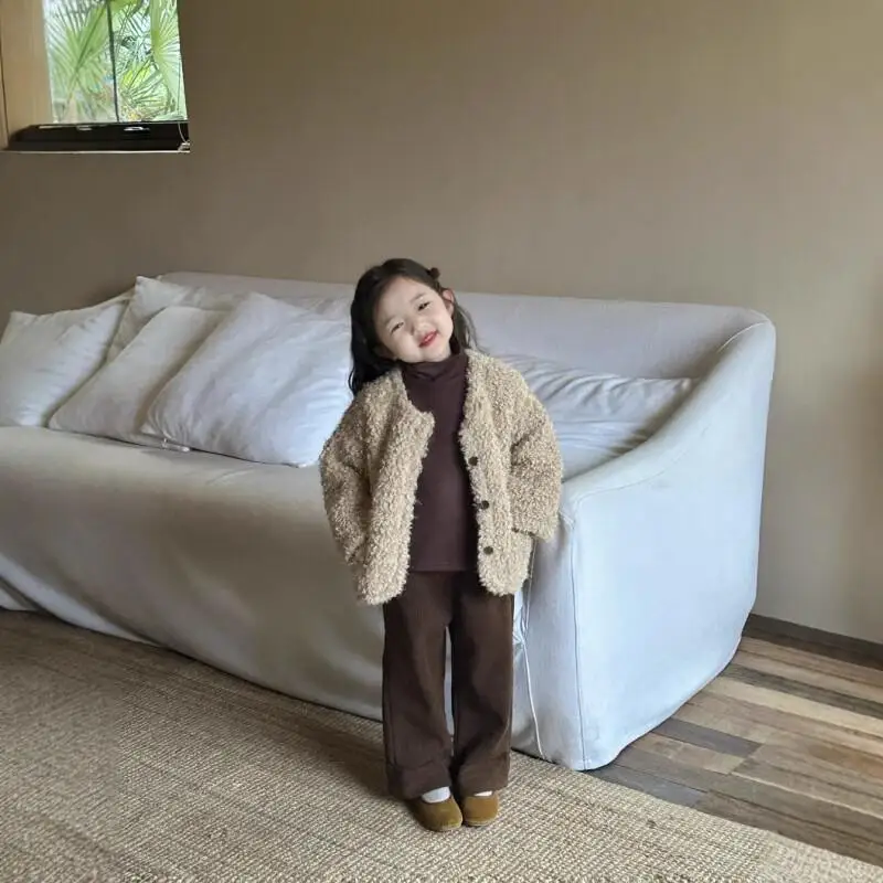 

2025 осенне-зимнее теплое пальто для девочек, утепленное пальто с круглым вырезом, однотонная куртка, новая модная удобная детская одежда